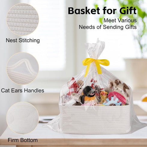 OIAHOMY Woven Gift Basket with Gift Bags & Ribbons, Storage Basket for Baby Showers, White