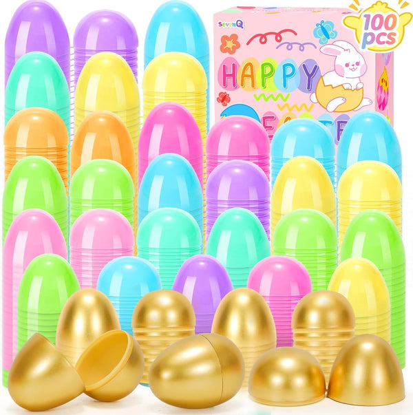 SevenQ Plastic Easter Eggs Fillable, 100Pcs 2.4" Empty Colorful and Golden Eggs
