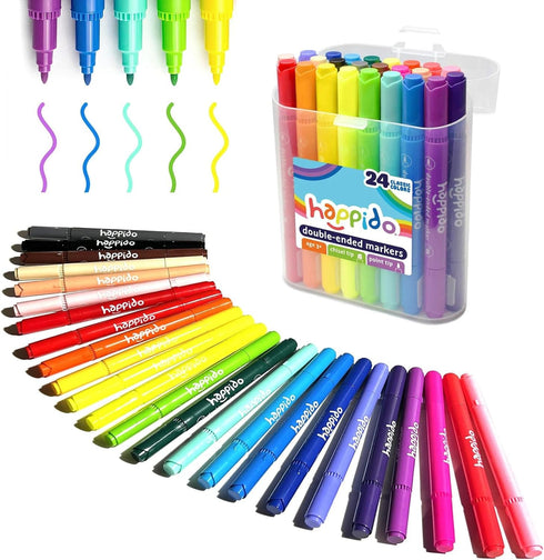 International Arrivals Happido Set of 24 Double Sided Markers, Non Toxic Markers for Kids Ages 4-8, Vibrant Coloring