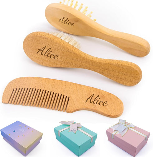 Personalized Wooden Hair Brush Set with Soft Goat Bristles - Perfect for