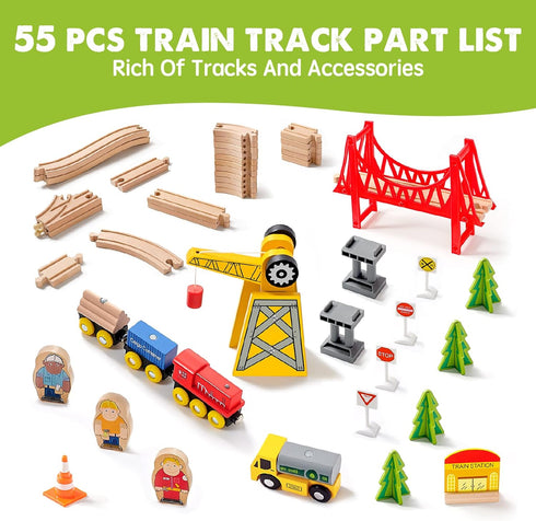 55PCS Set 3-7, Tiny Land Wooden Train - Compatible with Major Brand Tracks, Educational Toy for Toddlers & Kids Ages