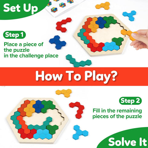 3+ (4 Pack) Wooden Puzzles,Geometric Shape Logic Hexagon Puzzle Toys Brain Teasers STEM Montessori Educatioanl IQ Board