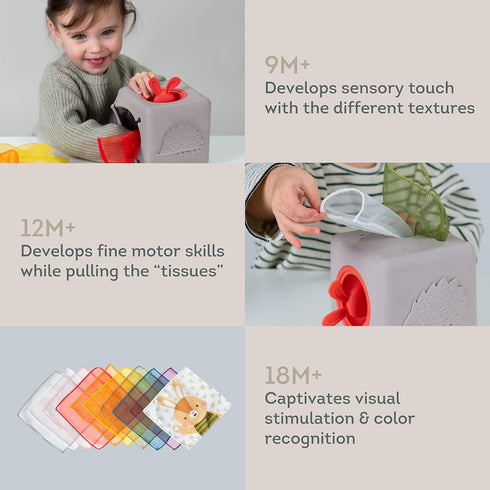 Taf Toys Baby Tissue Box Montessori Toys for Babies - Silicone Sensory & Motor Skills Development Toy with 10 Fabric