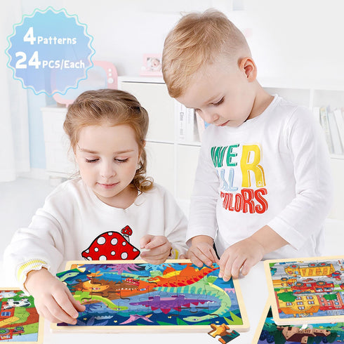 Wooden Puzzles for Kids Ages 3-5, 4 Packs of 24 Piece Jigsaw Puzzles for 3 Year Old Boys Girls
