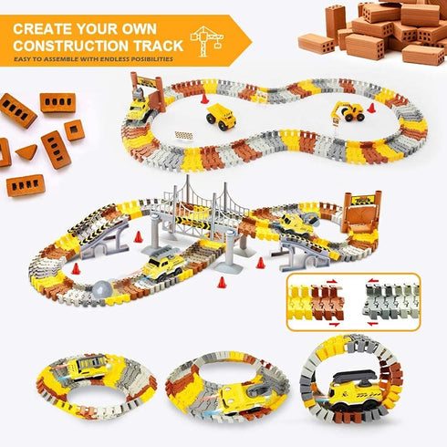 Set, 2 Construction Race Tracks Flexible Train Tracks w/ Electric Construction Race Vehicles w/Lights, STEM Engineering