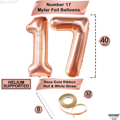 KatchOn Giant Rose Gold 17 Balloon Numbers, 40 Inch Birthday Balloons Set for Happy 17th Birthday Decorations