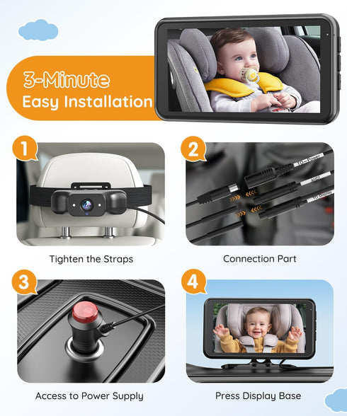 Babyvue BC1 4.5" 1080P 3X 2-Min Baby Car Camera, HD Screen & Zoom, AUTO IR Night Vision Car Baby Monitor