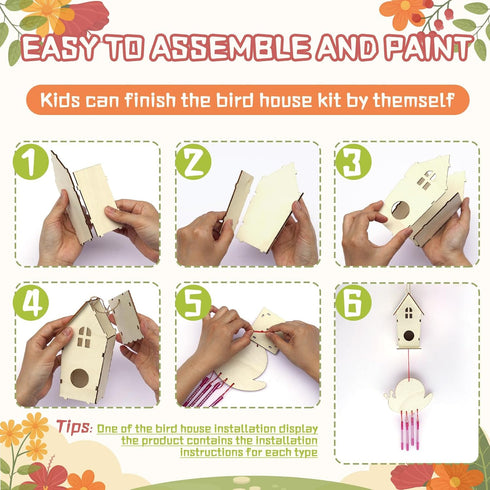 8 Pack 4-8 8-12, 3+ Summer DoodleDoo Bird House & Wind Chime Kits, Buildable Birdhouse DIY Crafts for Kids Ages Arts