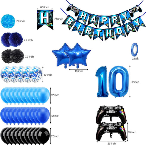 53 PCS 10th Birthday Decorations for Boys, Blue Video Game Party Supplies, Include Video Game Happy Birthday Banner,Number 10 Balloon,Pompoms Flowers for Kids Gamer Birthday Decor
