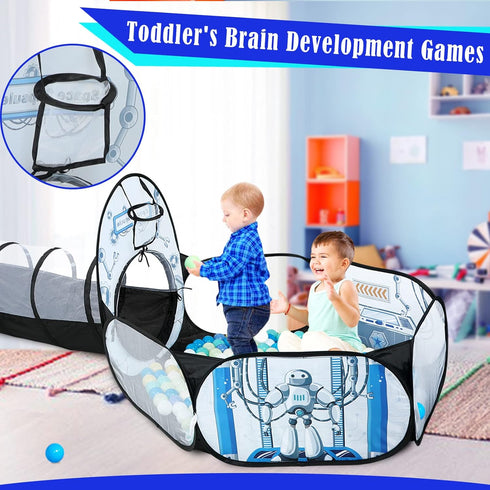 Kids Ball Pit for Play Tent - 3PC Baby Gifts with Roar Button, Projection Flashlight, Indoor Outdoor Games (White)