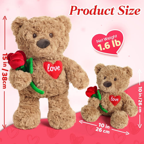 15" Cuckool Teddy Bear Stuffed Animal with Rose and Love Heart, Microwavable & Weighted Stuffed Animal Plush Gift