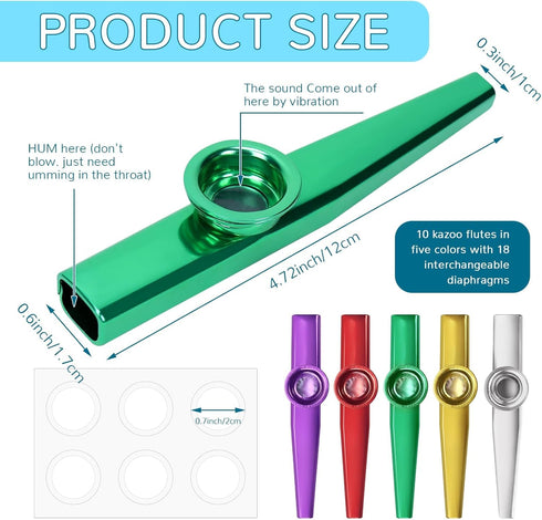 Bercoor 10 18 PCS Kazoos Musical Instruments, Metal Kazoos with Flute Membranes for Music Lover Beginners Kids Gift