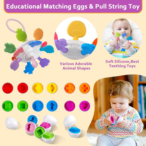 Baby Toys for 6 to 12 Months - Montessori Sensory Bins Toys for Toddlers, Pull String Teether, Stacking Blocks
