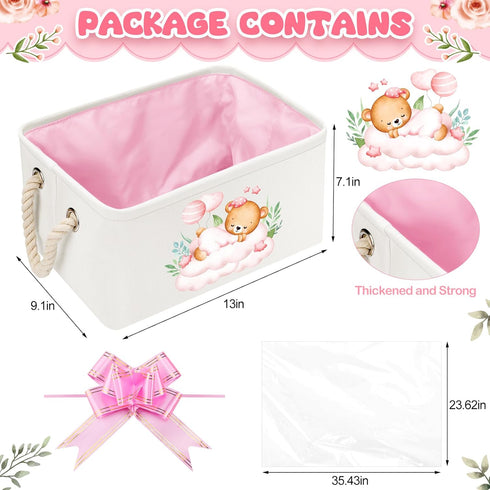 13 9. 1 7. 1 Inch(Pink Pickmesh Baby Shower Storage Basket with Gift Bags Rectangular Ribbons Collapsible Canvas
