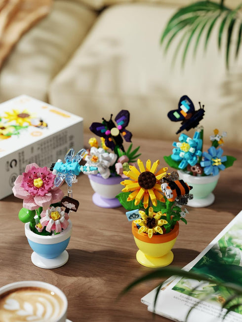 Sacblirr Mini Flower Bonsai with Cute Insects Daisy Butterfly - DIY Potted Plant Building Blocks for Kids and Adults