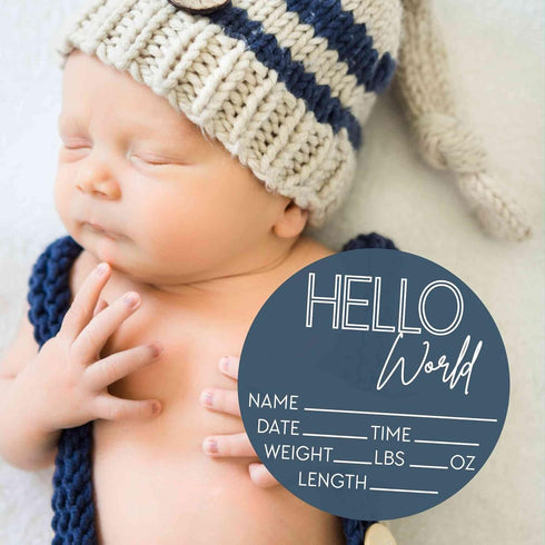 Hello World Newborn Sign - Baby Name Birth Announcement Plaque for Hospital - Photo Prop - Blue Nursery Decor - Shower