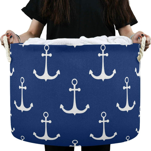 visesunny Classic Anchor Dark Blue Collapsible Basket Storage Bin with Durable Cotton Handles, Home Organizer for