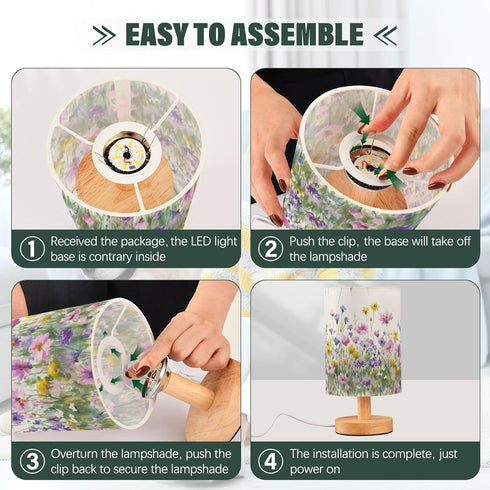 Vdsrup Table Lamp Wildflowers Colorful Nightstand lamp Fabric Lamps with Wood Base Fabric Shade Bedside Desk Lamps
