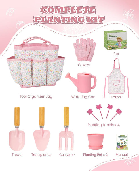 Set, Kids Gardening Gardening Tools Kit for Kids and Toddler, Includes Wooden Rake, Two Shovels, Gloves, Watering Can
