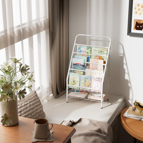 4-Tier (28.35" JAQ White Kids Bookshelf, Metal Book Display Rack for Small Spaces, Modern Toddler Bookshelf for Nursery