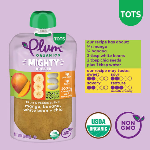 Plum Organics Mighty Builder Organic Toddler Food, Mango, Banana, White Bean, and Chia, 4 oz Pouch (Pack of 12)