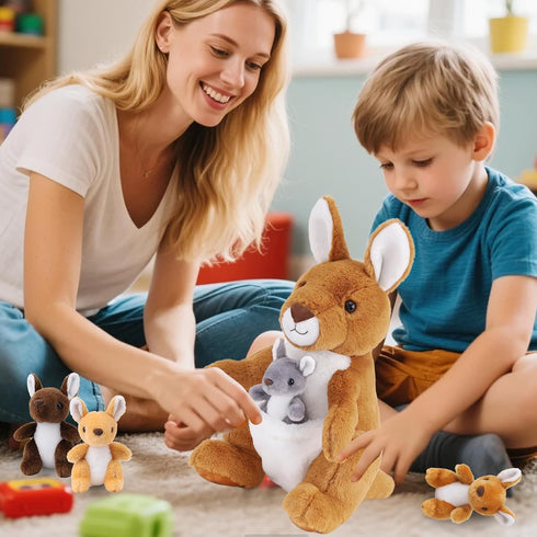5 16 Inch Mommy 4 PCS Kangaroo Stuffed Animal, Stuffed Kangaroo Plush Toy with Babies Insides, Kangaroos with Joey