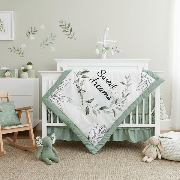 Green Leaf Crib Bedding Set, 4-Piece Baby Boy Bedding Set, Neutral Nursery