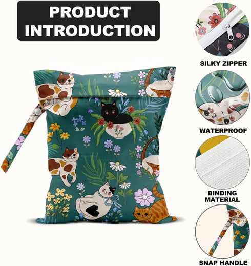 BQXH 2Pcs Cat Lover Gifts, Mushroom Cat Print Wet Bags, Wet Dry Bag Reusable Zipper Pouch for Swimsuit, Diapers, Beach