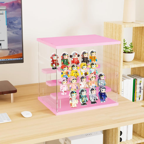 DuvinDD Acrylic Display Case for Doll Toy - Clear Countertop Showcase - Dustproof Protection - Pink (12.5" L x 10" D x