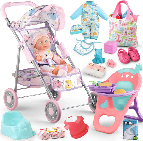 YIYBM Baby Doll Stroller Play Set with 12.5" Baby Doll,Dining Chair, 2