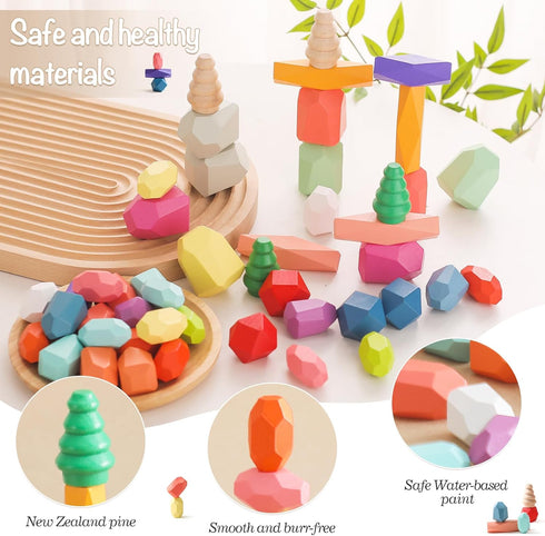 OESSUF Stacking Rocks, 48Pcs Wooden Balancing Stacking Blocks for Toddler Sorting Educational Montessori Game
