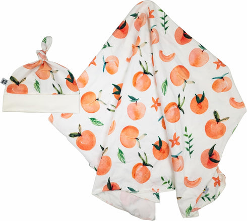 Set Baby Girl Peach Design Swaddle Blanket and Hat with Custom Name Embroidery (Newborn)