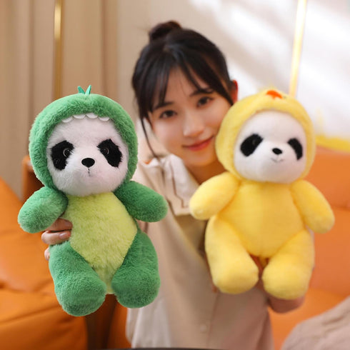 Cute Stuffed Panda Animal, 12 Inch Plush Toy Cosplay as Pink Dinosaur, Soft Panda Plushies for Kids