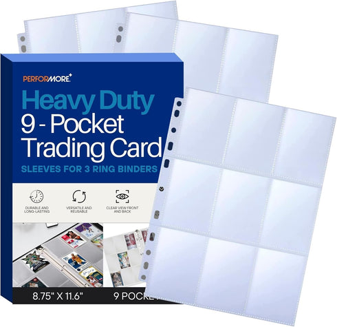 PERFORMORE 9-Pocket Trading Card Binder Sleeves, 3 Ring Binders, Plastic Top Loader Pages (25 Pack)