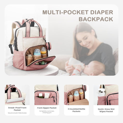 Backpack, Backpack VONAL Diaper Bag Lightweight Baby Diaper Bags, Travel Large Diaper Bag with Changing Station, Pink