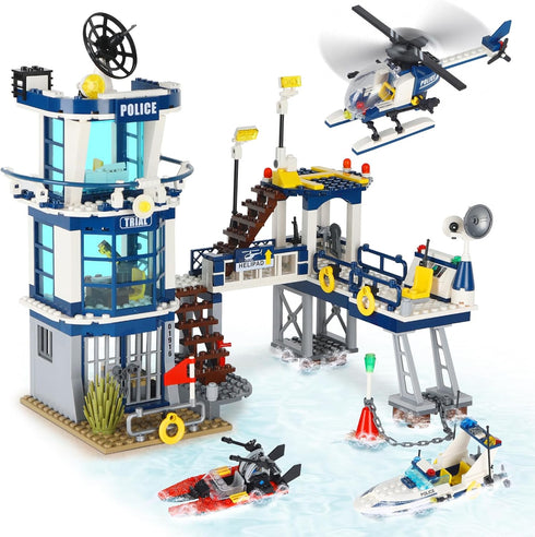 City Police Station STEM Building Set, Compatible with Lego Military Helicopter, Boats, Swat Team, 565 PCS Best Gift