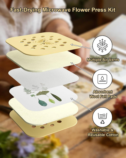 9" NEIGIKI Microwave Flower Press Kit, Fast-Drying Flower Pressing Kit with Reusable & Washable Cloth, Vibrant Color