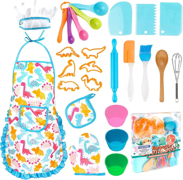 KAEGREEL Kids Baking Chef Set, 26Pcs with Dinosaur Apron & Hat Role