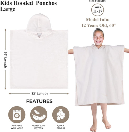 Superior Kids Cotton Terry Poncho, Soft, Absorbent Bath Towel with Hood, Bathroom Accessories, Long, Plush Bathrobes
