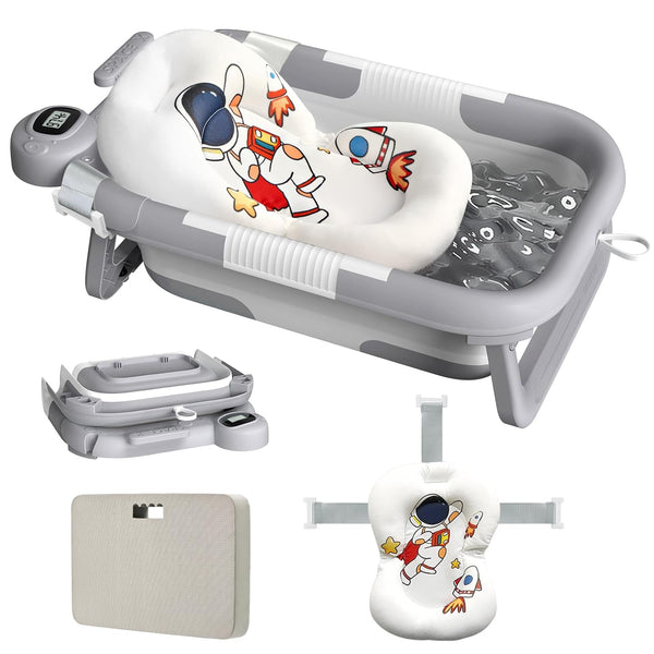 LAUJIA Grey Foldable Baby Bathtub with Cushion & Kneeling Pad, Large Infant Bath