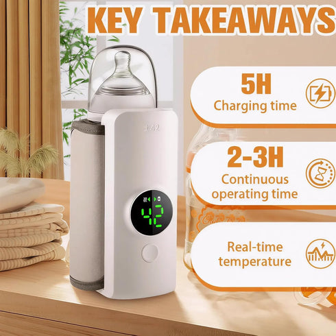 Portable Baby Bottle Warmer for Travel, Fast Heating & Precise Temp Control, Cordless Rechargeable Milk Warmer with LED