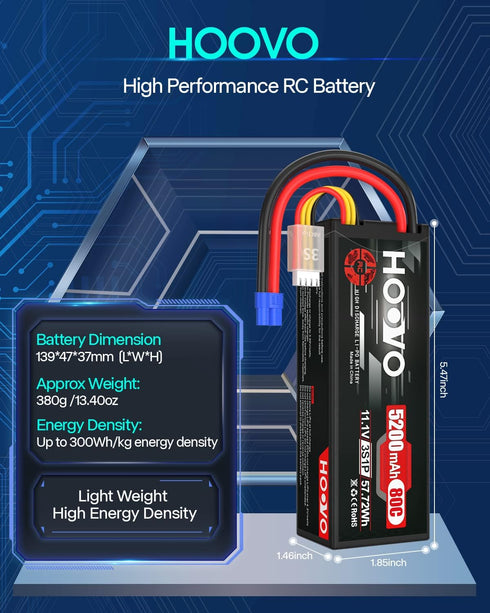 HOOVO 11.1V 3S Lipo Battery 5200mAh 80C Hard Case with EC3 Connector for RC Car Boat Truck Heli