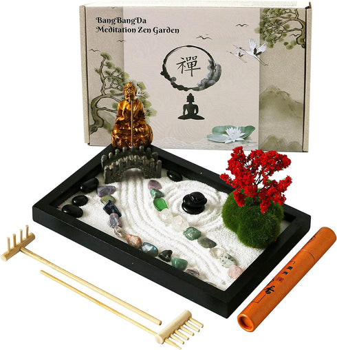 Mini Meditation Zen Garden Kit - Japanese Tabletop Rock Sand Chakra Buddha
