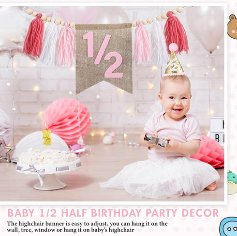 1/2 6 Silipull Birthday Supplies Includes Half Birthday High Chair Banner and Hat Gold Candle Cake Topper Months Tassel