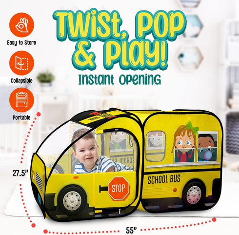 Kiddzery School Bus Pop Up Kids Play Tent, Indoor & Outdoor Playhouse with Sound Play Button for Toddlers