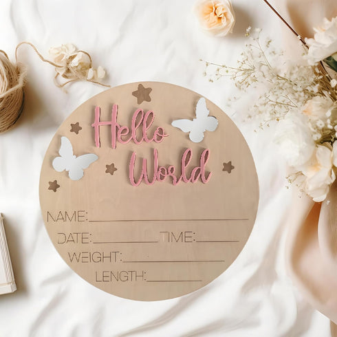 KWHSPKENG 5.9" Baby Announcement Sign, Wooden Hello World Newborn Sign, Baby Name Sign & Birth Announcement Photo Prop