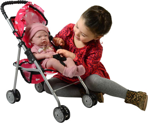 Pink Heart Design Doll Stroller with Basket - Foldable & Stylish