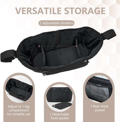 Stroller Organizer - Stylish Quilting Nylon, Universal Fit, Detachable Bag, Adjustable Multi-Storage for Baby Stroller
