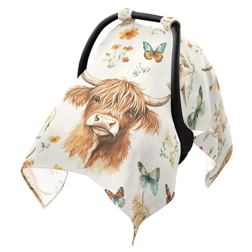Dalzium Watercolor Highland Cow Cattle Butterfly Car Seat Cover Baby, Carseat Canopy Cover