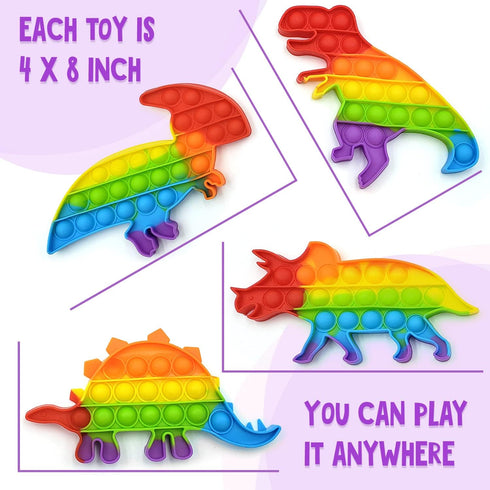 only U Set, Set 4 Pack Dinosaur Pop Fidget Toys Silicone Rainbow Dinosaur Popper Fidget for Children, Sensory Squeeze